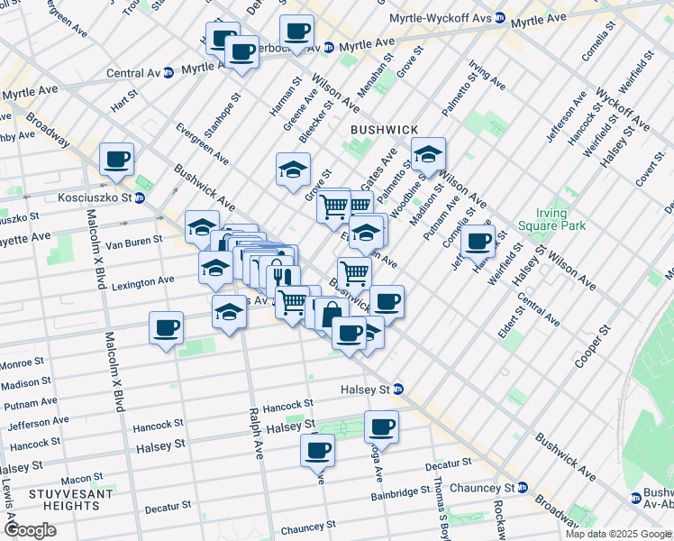 map of restaurants, bars, coffee shops, grocery stores, and more near 1071 Bushwick Avenue in Brooklyn