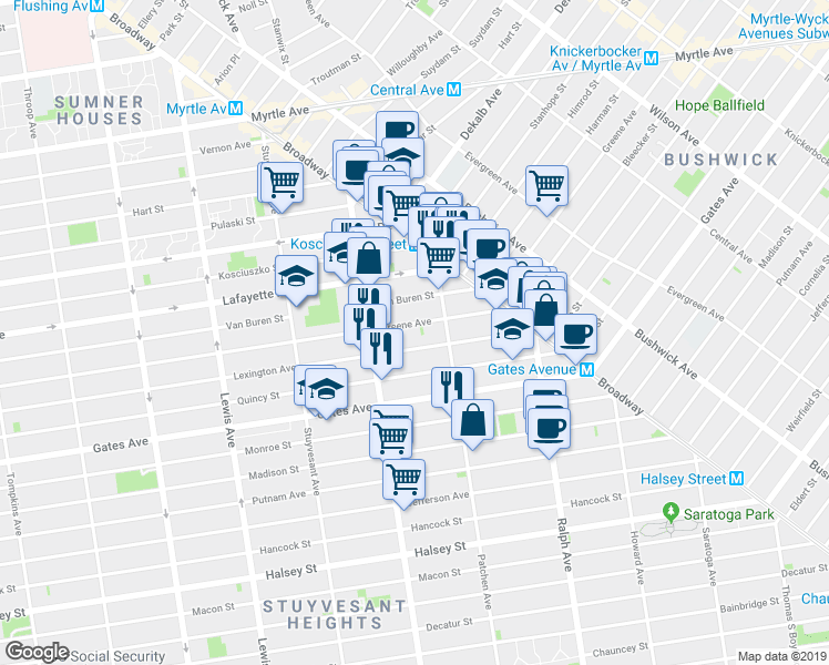 map of restaurants, bars, coffee shops, grocery stores, and more near 803 Lexington Avenue in Brooklyn