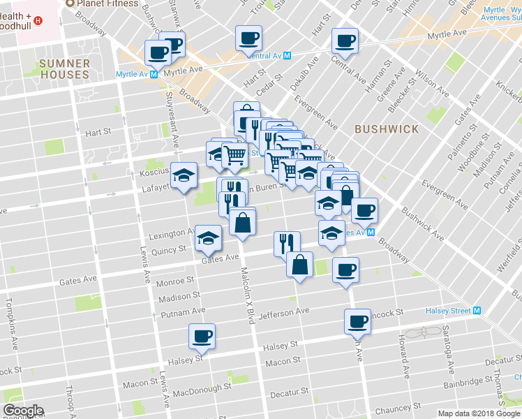 map of restaurants, bars, coffee shops, grocery stores, and more near 803 Lexington Avenue in Brooklyn