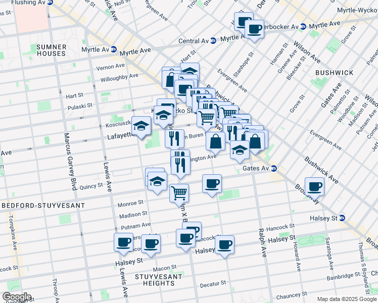 map of restaurants, bars, coffee shops, grocery stores, and more near 803 Lexington Avenue in Brooklyn