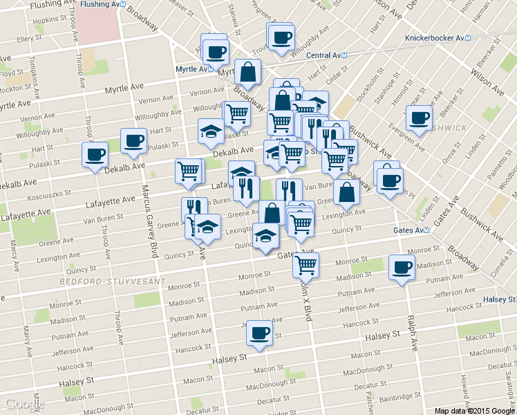 map of restaurants, bars, coffee shops, grocery stores, and more near 900A Greene Avenue in Brooklyn