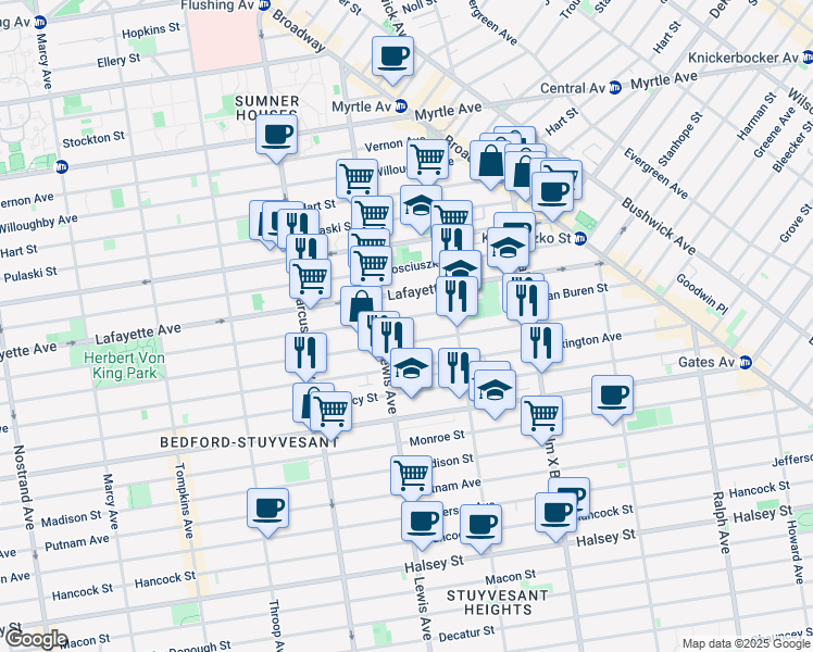 map of restaurants, bars, coffee shops, grocery stores, and more near 829A Greene Avenue in Brooklyn