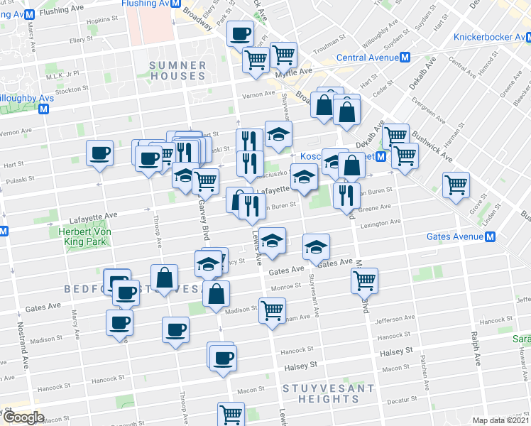 map of restaurants, bars, coffee shops, grocery stores, and more near 181 Lewis Avenue in Brooklyn