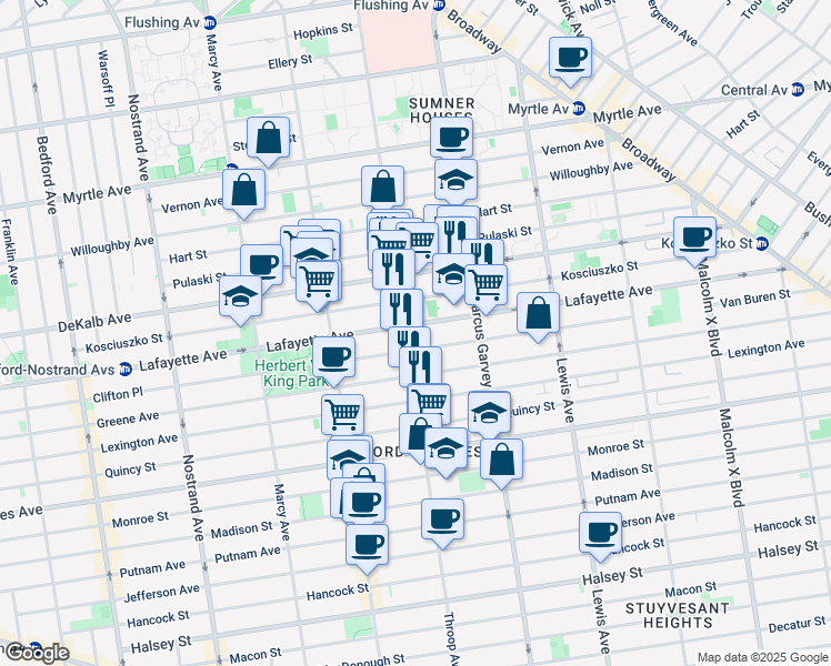 map of restaurants, bars, coffee shops, grocery stores, and more near 375 Throop Avenue in Brooklyn