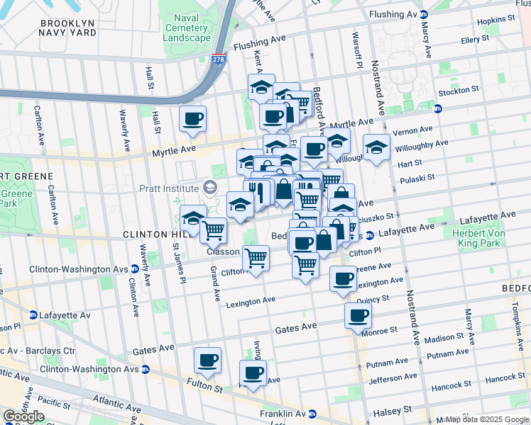 map of restaurants, bars, coffee shops, grocery stores, and more near 459 Dekalb Avenue in Brooklyn