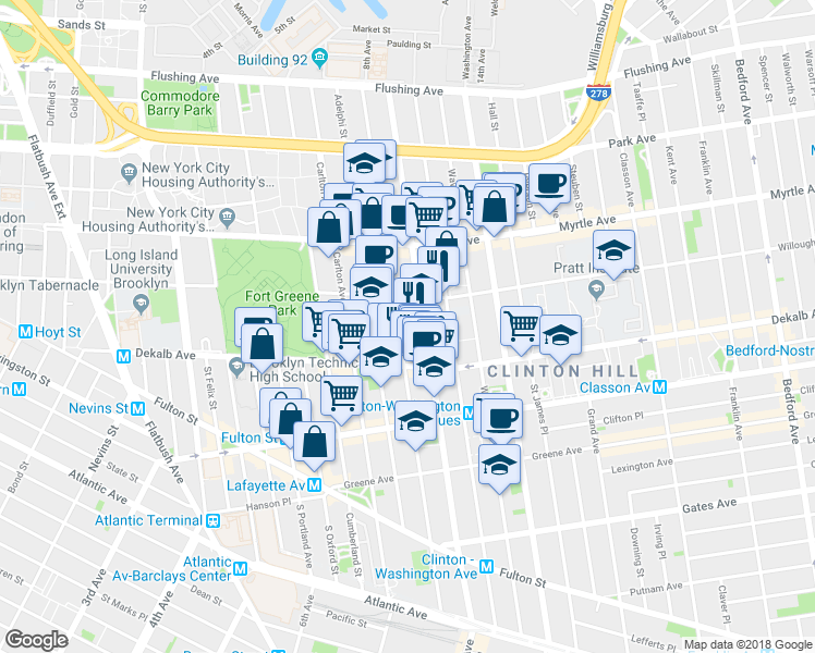 map of restaurants, bars, coffee shops, grocery stores, and more near 232 Vanderbilt Avenue in Brooklyn