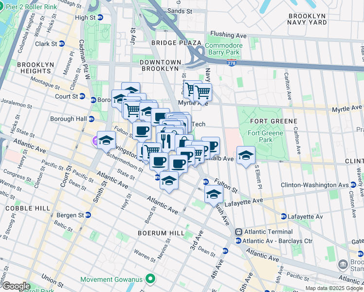 map of restaurants, bars, coffee shops, grocery stores, and more near 1 DeKalb Avenue in Brooklyn