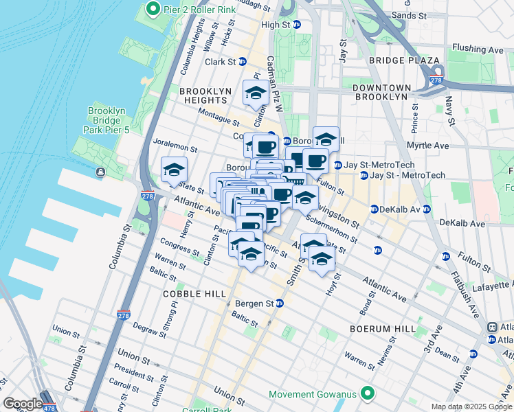 map of restaurants, bars, coffee shops, grocery stores, and more near 111-115 City Point in Brooklyn