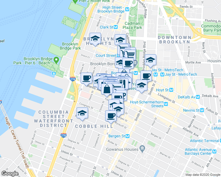 map of restaurants, bars, coffee shops, grocery stores, and more near 166 State Street in Brooklyn