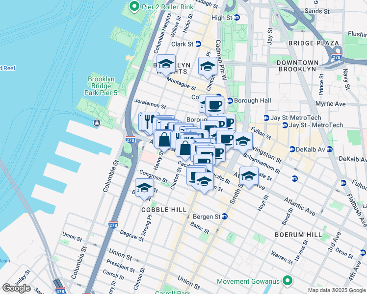 map of restaurants, bars, coffee shops, grocery stores, and more near 151 Atlantic Avenue in Brooklyn
