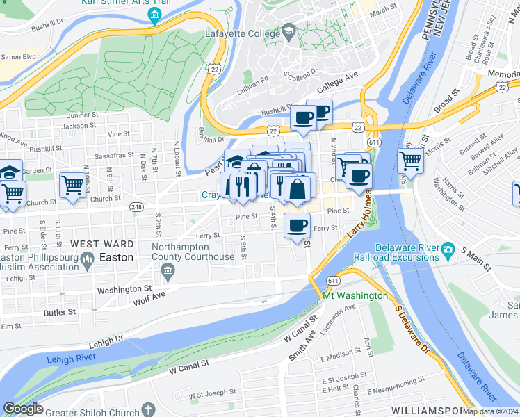 map of restaurants, bars, coffee shops, grocery stores, and more near 408 Northampton Street in Easton