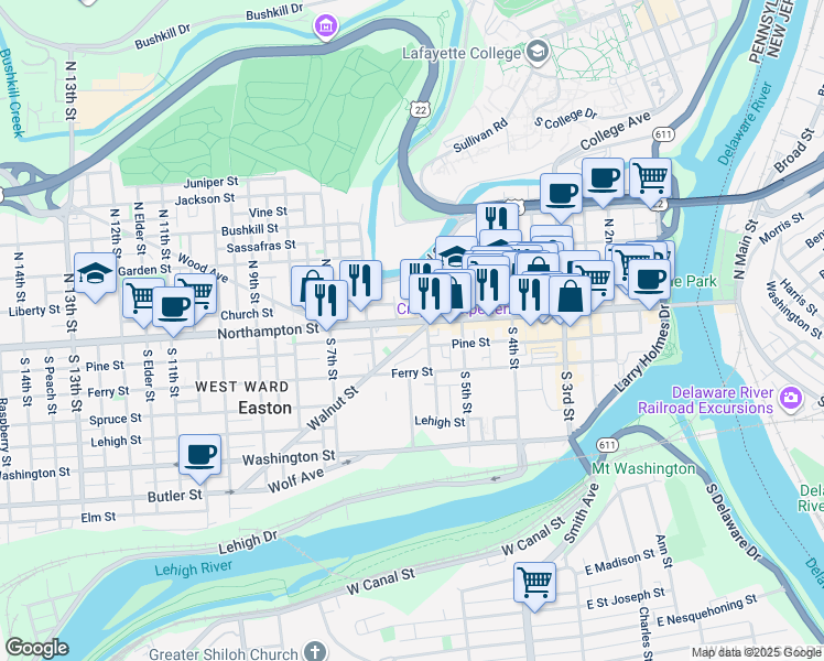 map of restaurants, bars, coffee shops, grocery stores, and more near 604 Walnut Street in Easton