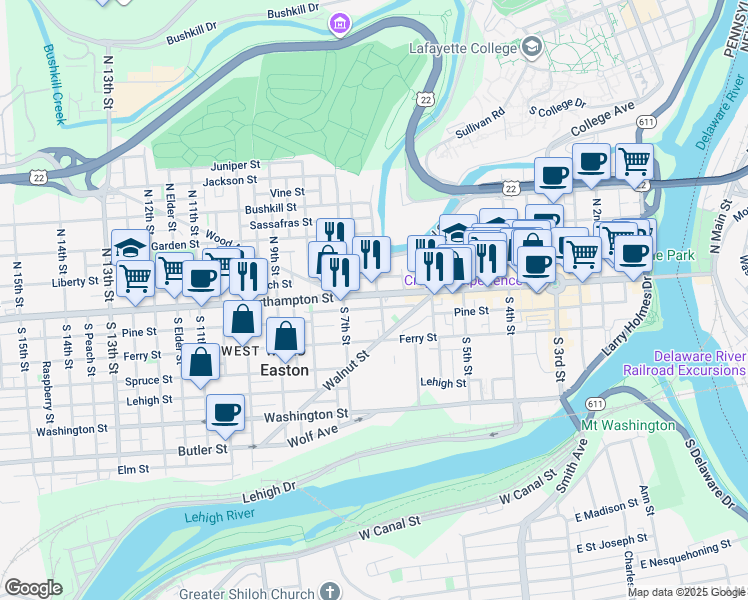 map of restaurants, bars, coffee shops, grocery stores, and more near 682 Northampton Street in Easton