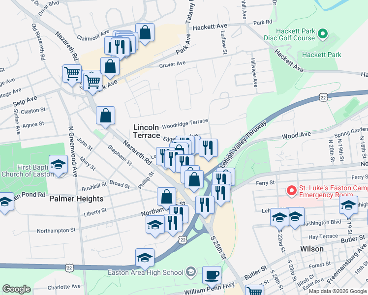map of restaurants, bars, coffee shops, grocery stores, and more near 2413 Lawnherst Avenue in Easton