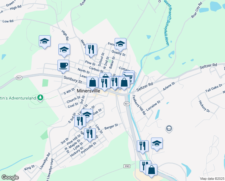 map of restaurants, bars, coffee shops, grocery stores, and more near 20 Sunbury Street in Minersville