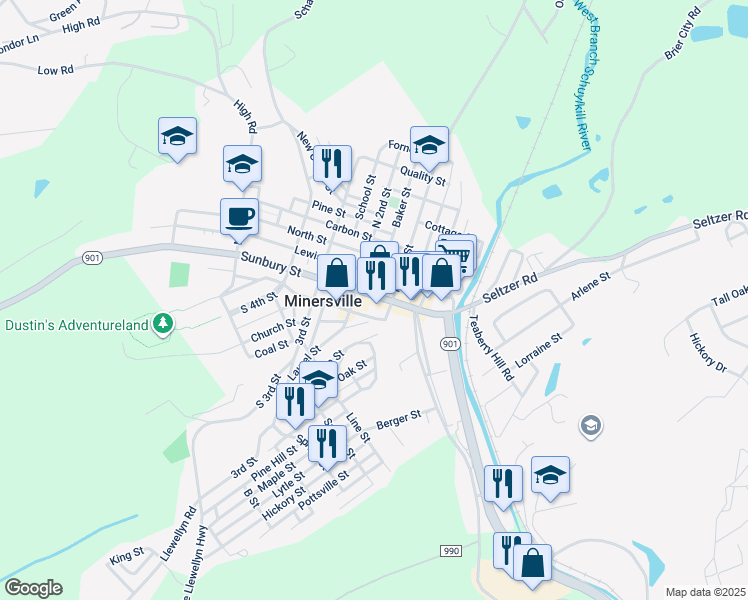 map of restaurants, bars, coffee shops, grocery stores, and more near 155 Sunbury Street in Minersville