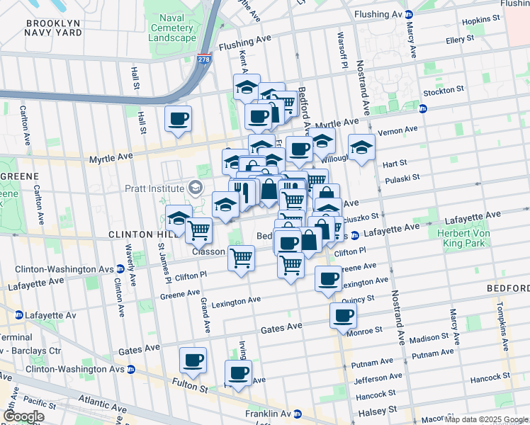 map of restaurants, bars, coffee shops, grocery stores, and more near 463 Dekalb Avenue in Brooklyn