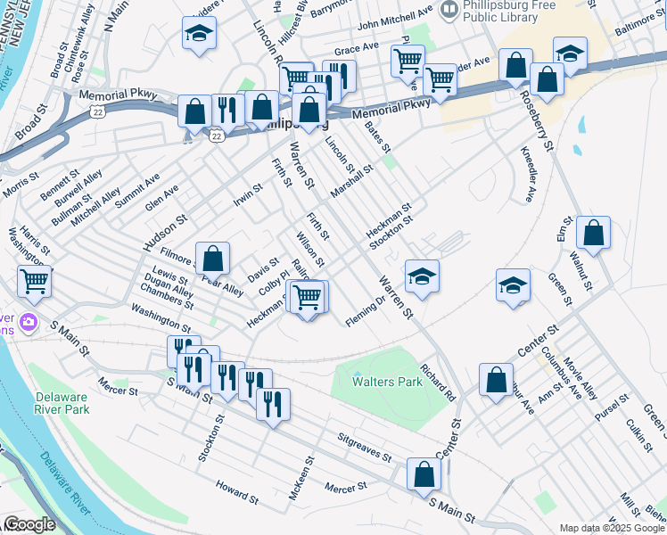 map of restaurants, bars, coffee shops, grocery stores, and more near 256 Heckman Street in Phillipsburg