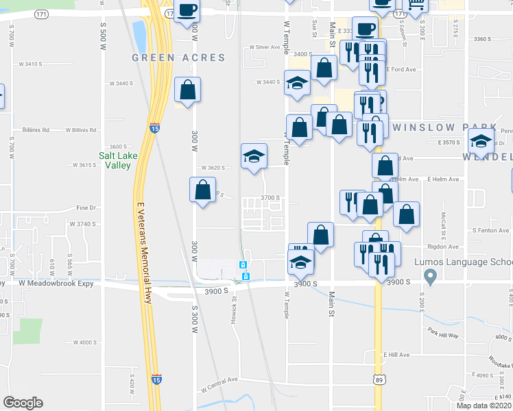 map of restaurants, bars, coffee shops, grocery stores, and more near 3709 South Balmossie Lane in South Salt Lake