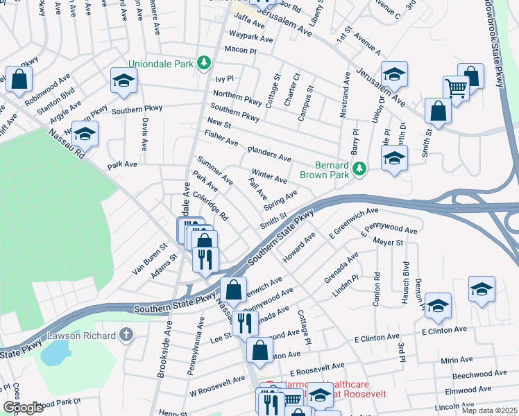 map of restaurants, bars, coffee shops, grocery stores, and more near 789 Summer Avenue in Uniondale