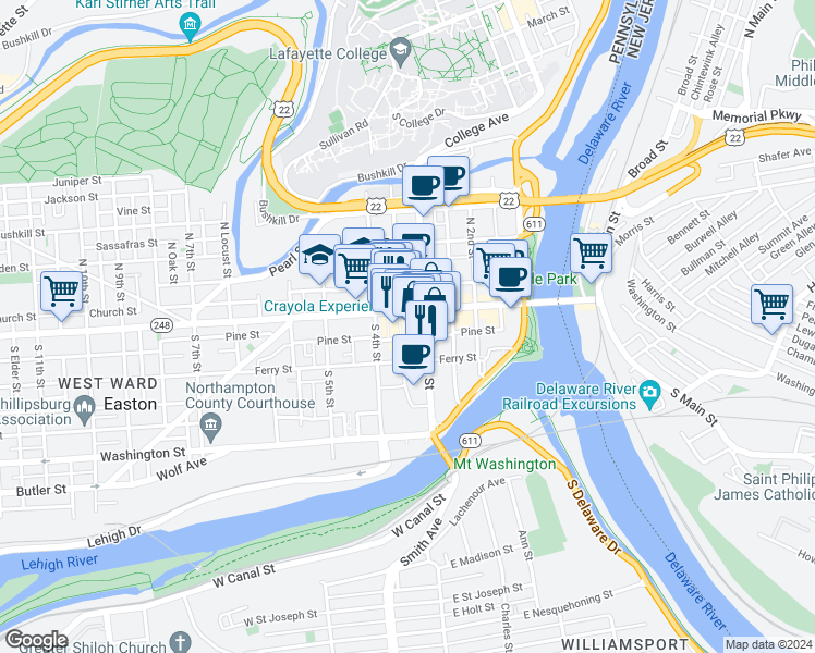 map of restaurants, bars, coffee shops, grocery stores, and more near 307 Pine Street in Easton