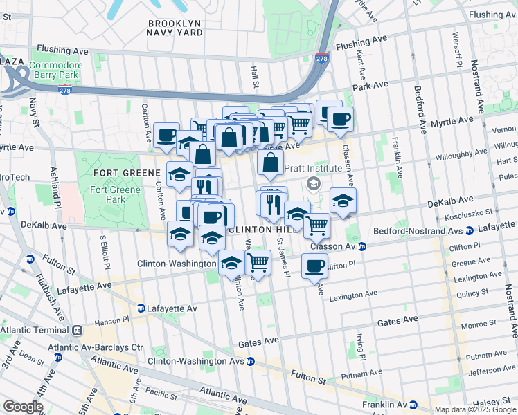 map of restaurants, bars, coffee shops, grocery stores, and more near 269 Washington Avenue in Brooklyn