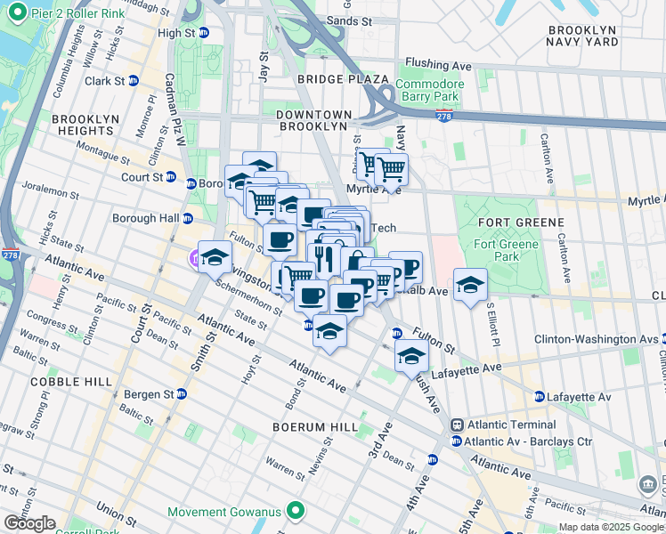 map of restaurants, bars, coffee shops, grocery stores, and more near 1 DeKalb Avenue in Brooklyn