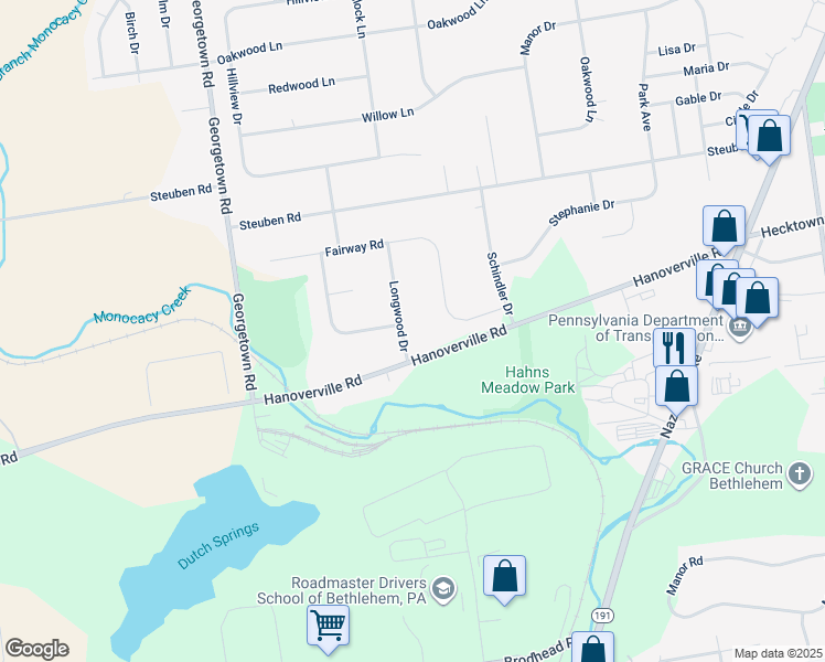 map of restaurants, bars, coffee shops, grocery stores, and more near 240 Longwood Drive in Bethlehem