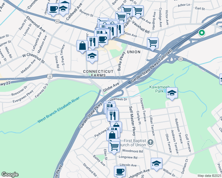 map of restaurants, bars, coffee shops, grocery stores, and more near 227 Globe Avenue in Union