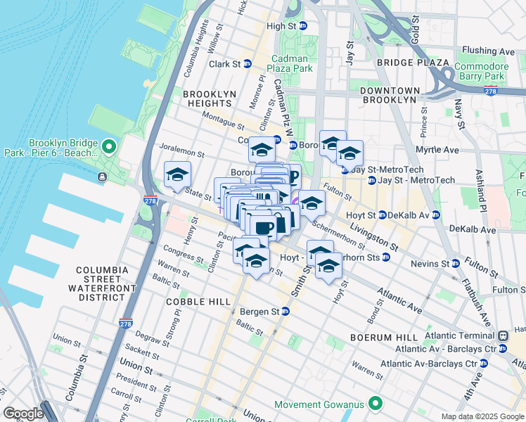 map of restaurants, bars, coffee shops, grocery stores, and more near 50 Court Street in Brooklyn