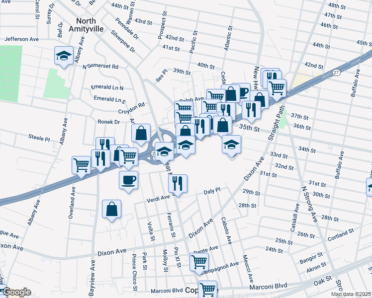 map of restaurants, bars, coffee shops, grocery stores, and more near 1177 Sunrise Highway in Copiague