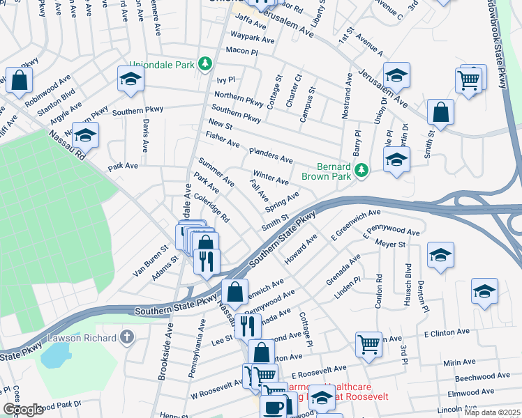 map of restaurants, bars, coffee shops, grocery stores, and more near 789 Summer Avenue in Uniondale