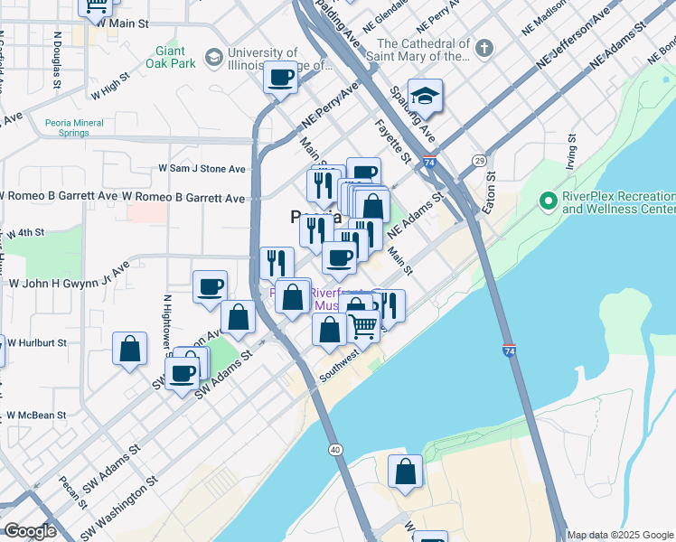 map of restaurants, bars, coffee shops, grocery stores, and more near 300 Liberty Street in Peoria