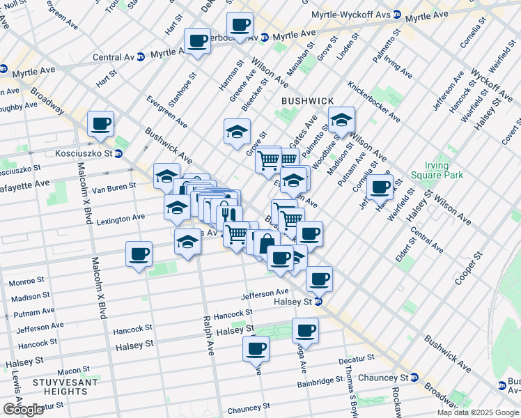 map of restaurants, bars, coffee shops, grocery stores, and more near 1071 Bushwick Avenue in Brooklyn