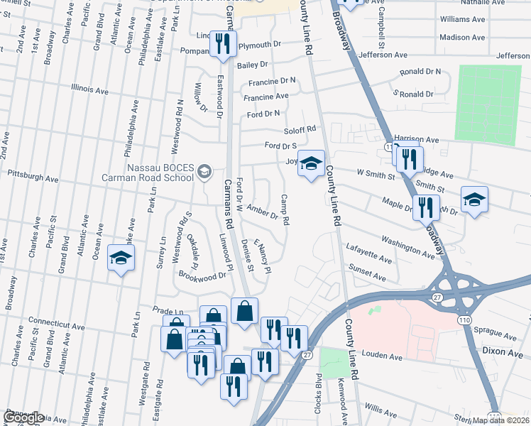map of restaurants, bars, coffee shops, grocery stores, and more near 14 Amber Drive in Massapequa