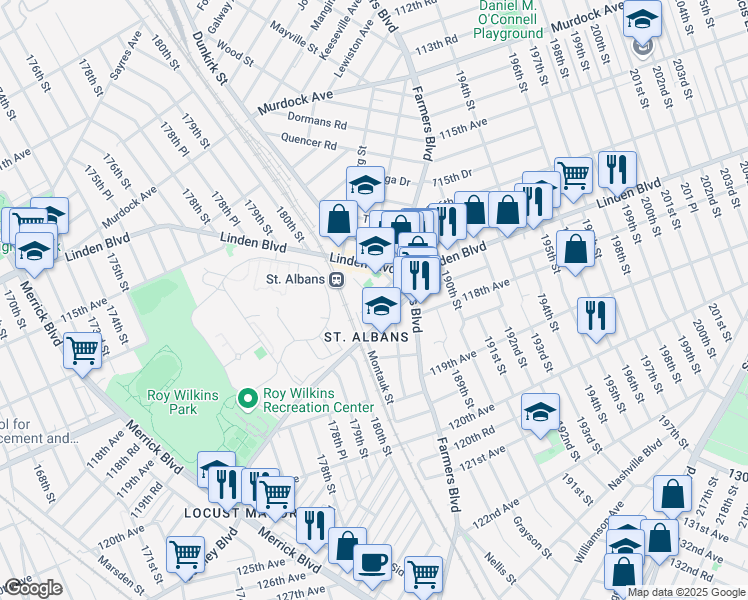 map of restaurants, bars, coffee shops, grocery stores, and more near Foch Boulevard in Queens