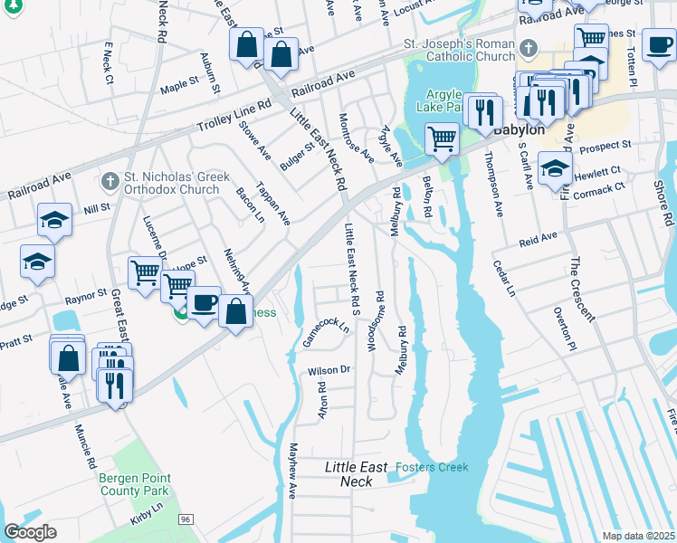 map of restaurants, bars, coffee shops, grocery stores, and more near 29 Greenway Street South in Babylon
