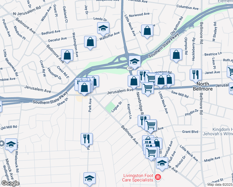 map of restaurants, bars, coffee shops, grocery stores, and more near 1277 Owens Place in North Bellmore