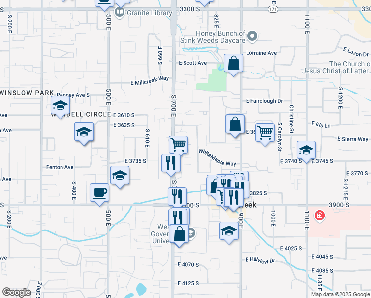 map of restaurants, bars, coffee shops, grocery stores, and more near 733 East 3720 South in Millcreek