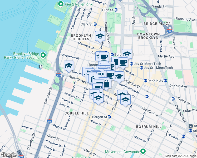 map of restaurants, bars, coffee shops, grocery stores, and more near 111-115 City Point in Brooklyn