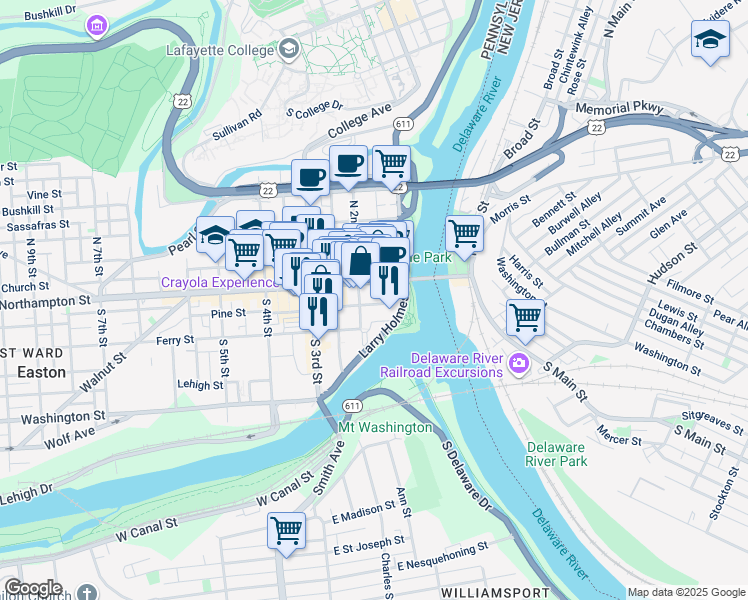 map of restaurants, bars, coffee shops, grocery stores, and more near 139 Pine Street in Easton