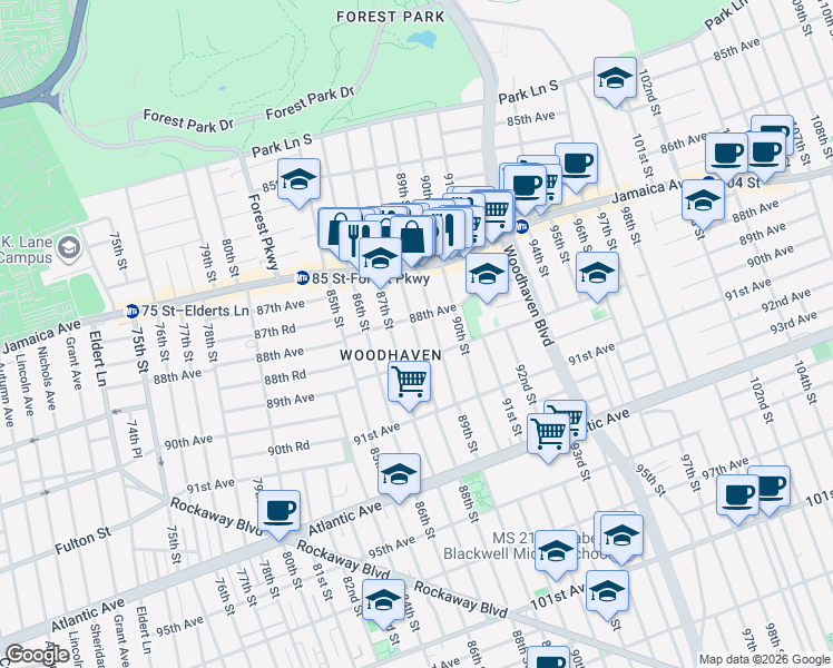 map of restaurants, bars, coffee shops, grocery stores, and more near in Queens