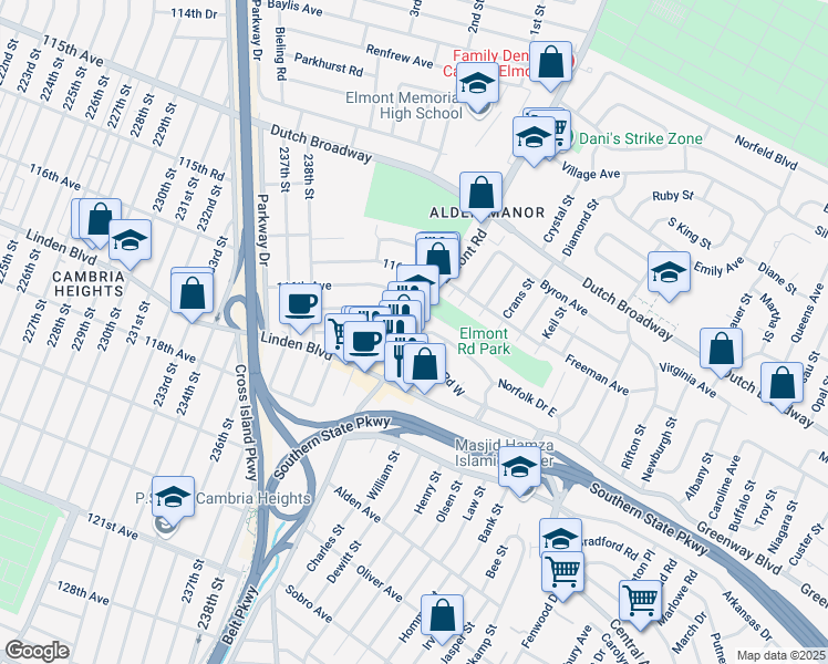 map of restaurants, bars, coffee shops, grocery stores, and more near 793 Elmont Road in Elmont
