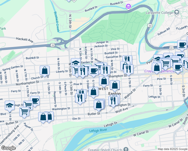map of restaurants, bars, coffee shops, grocery stores, and more near 1053 Northampton Street in Easton