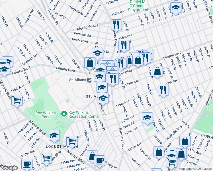 map of restaurants, bars, coffee shops, grocery stores, and more near 117-30 Farmers Boulevard in Queens