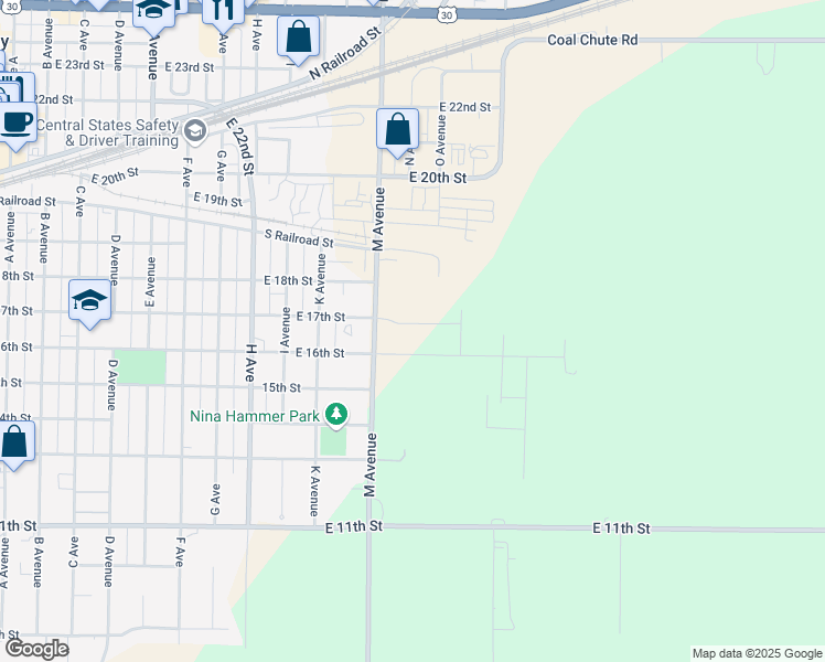 map of restaurants, bars, coffee shops, grocery stores, and more near 1305 East 17th Street in Kearney