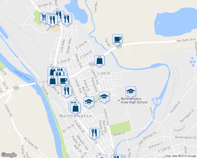 map of restaurants, bars, coffee shops, grocery stores, and more near 1919 Laubach Ave in Northampton