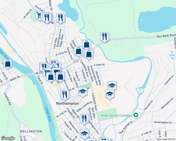 map of restaurants, bars, coffee shops, grocery stores, and more near 1919 Laubach Ave in Northampton