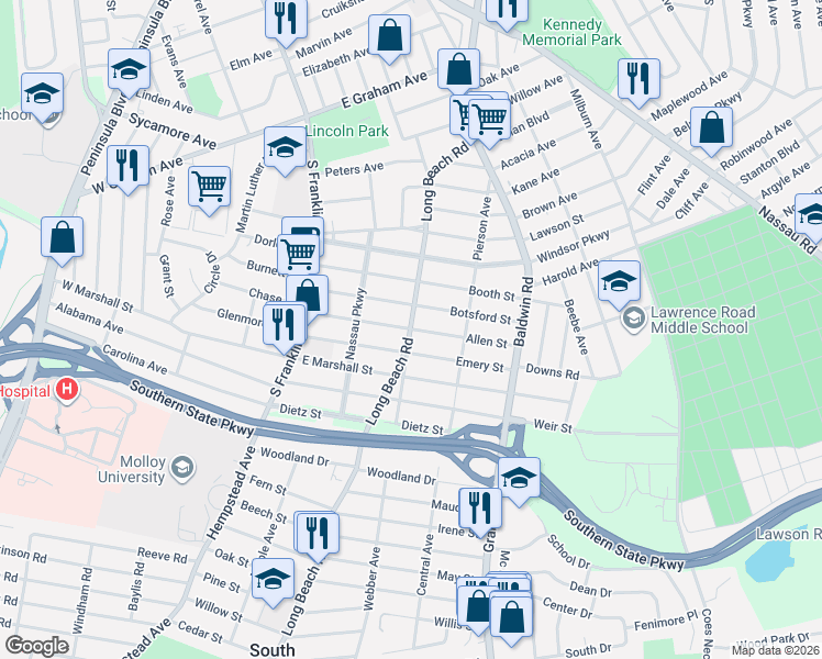 map of restaurants, bars, coffee shops, grocery stores, and more near Long Beach Road & Allen Street in Hempstead