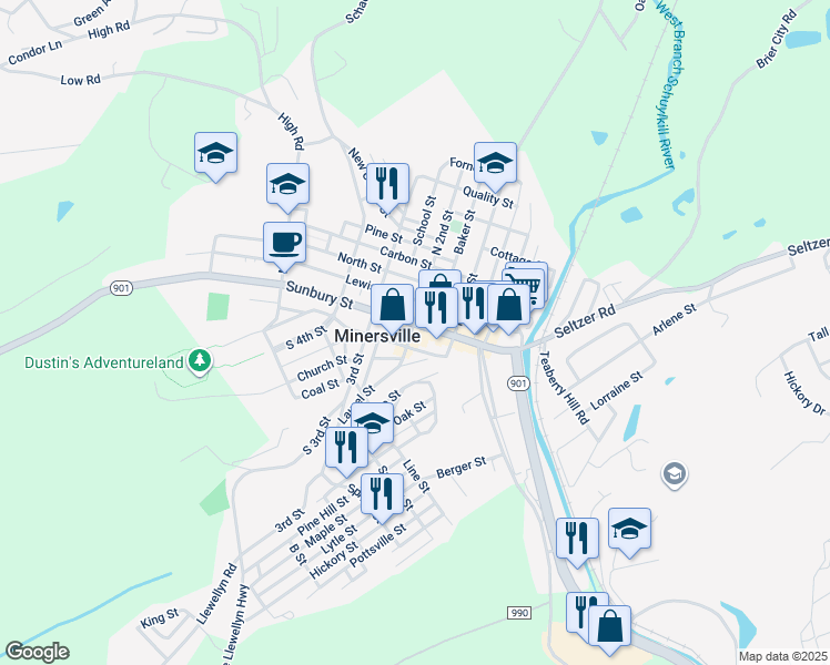 map of restaurants, bars, coffee shops, grocery stores, and more near 155 Sunbury Street in Minersville